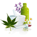 Circular image showing various ayurvedic items including a white container, a green leaf and flowers with a white background, in a round frame